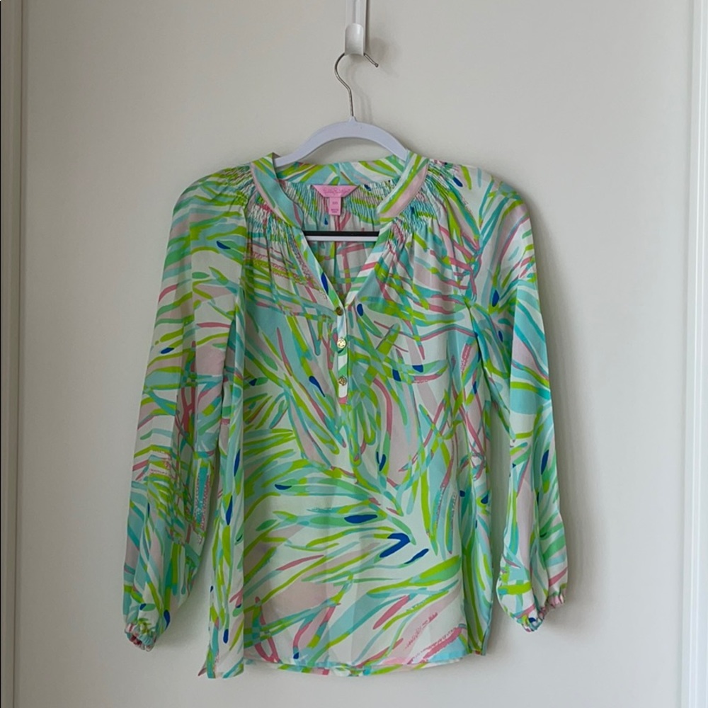 Long sleeve Lilly Blouse, pink & green print.